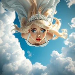 A beautiful blonde princess with striking blue eyes and vibrant red lips, wearing a sparkling tiara, is depicted falling gracefully from the sky