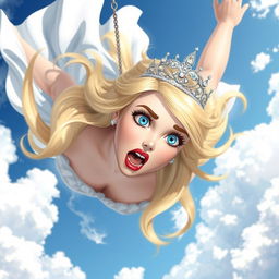 A beautiful blonde princess with striking blue eyes and vibrant red lips, wearing a sparkling tiara, is depicted falling gracefully from the sky