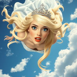 A beautiful blonde princess with striking blue eyes and vibrant red lips, wearing a sparkling tiara, is depicted falling gracefully from the sky