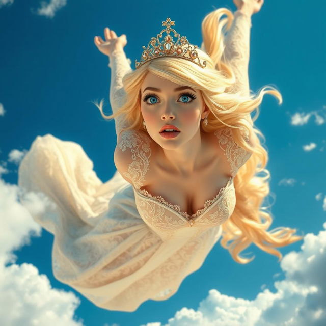 A beautiful blonde princess with an ornate tiara adorned with sparkling gems, striking blue eyes, and luscious red lips