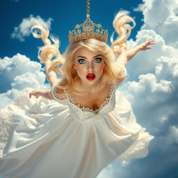 A beautiful blonde princess with an ornate tiara adorned with sparkling gems, striking blue eyes, and luscious red lips