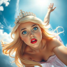 A beautiful blonde princess with sparkling blue eyes and luscious red lips, wearing an elegant tiara, is gracefully falling from a bright, blue sky