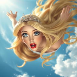 A beautiful blonde princess with sparkling blue eyes and luscious red lips, wearing an elegant tiara, is gracefully falling from a bright, blue sky