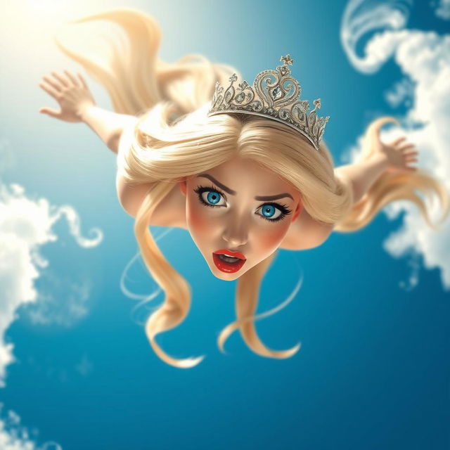 A beautiful blonde princess with sparkling blue eyes and luscious red lips, wearing an elegant tiara, is gracefully falling from a bright, blue sky