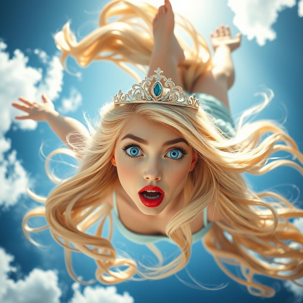 A beautiful blonde princess with sparkling blue eyes and luscious red lips, wearing an elegant tiara, is gracefully falling from a bright, blue sky