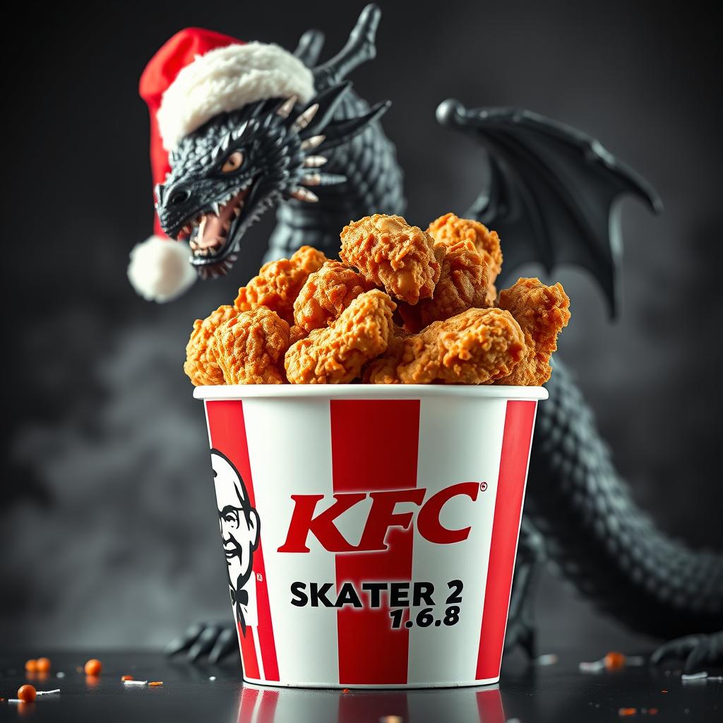 An appealing image featuring a KFC fried chicken bucket filled with succulent, crispy fried chicken pieces, prominently displaying the logo name 'SKATER 1