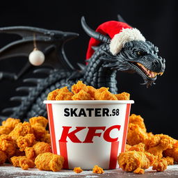 An appealing image featuring a KFC fried chicken bucket filled with succulent, crispy fried chicken pieces, prominently displaying the logo name 'SKATER 1