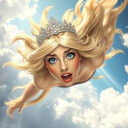 A beautiful blonde princess falling from the sky, wearing an elegant tiara, with striking blue eyes and vividly red lips