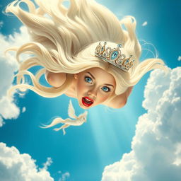 A beautiful blonde princess falling from the sky, wearing an elegant tiara, with striking blue eyes and vividly red lips