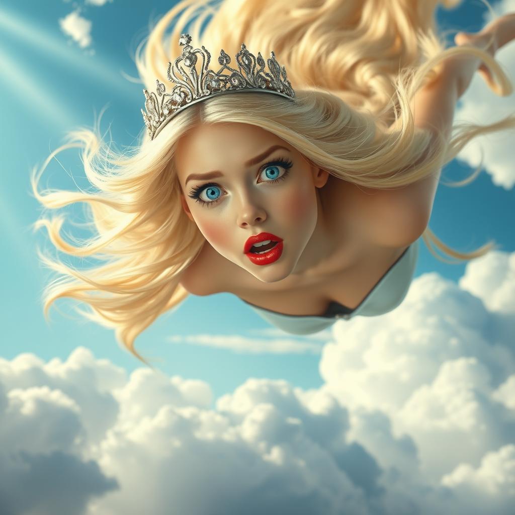 A beautiful blonde princess falling from the sky, wearing an elegant tiara, with striking blue eyes and vividly red lips