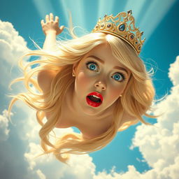 A beautiful blonde princess falling from the sky, wearing an elegant tiara, with striking blue eyes and vividly red lips