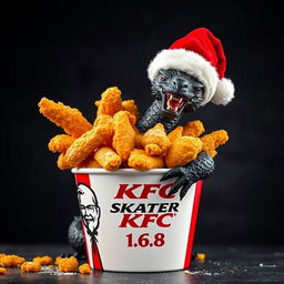 A vibrant image showcasing a KFC fried chicken bucket overflowing with crispy fried chicken, prominently featuring the logo name 'SKATER 1