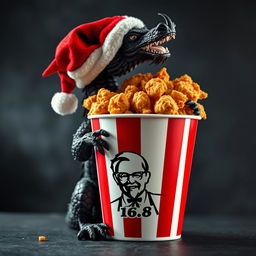A vibrant image showcasing a KFC fried chicken bucket overflowing with crispy fried chicken, prominently featuring the logo name 'SKATER 1