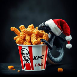 A vibrant image showcasing a KFC fried chicken bucket overflowing with crispy fried chicken, prominently featuring the logo name 'SKATER 1