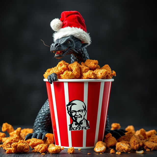 A vibrant image showcasing a KFC fried chicken bucket overflowing with crispy fried chicken, prominently featuring the logo name 'SKATER 1