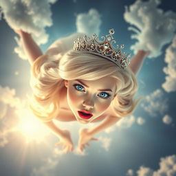A beautiful blonde princess wearing an elegant tiara, with striking blue eyes and vibrant red lips, is dramatically falling from a dreamy sky