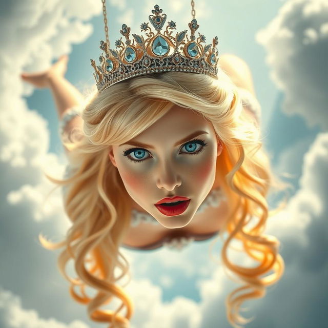 A beautiful blonde princess wearing an elegant tiara, with striking blue eyes and vibrant red lips, is dramatically falling from a dreamy sky