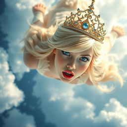 A beautiful blonde princess wearing an elegant tiara, with striking blue eyes and vibrant red lips, is dramatically falling from a dreamy sky