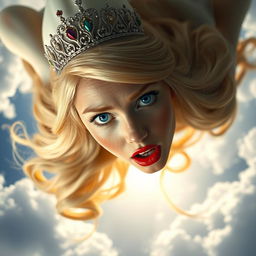 A beautiful blonde princess wearing an elegant tiara, with striking blue eyes and vibrant red lips, is dramatically falling from a dreamy sky