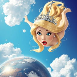 A beautiful blonde princess with a sparkling tiara, striking blue eyes, and vivid red lips, is falling gracefully from the sky