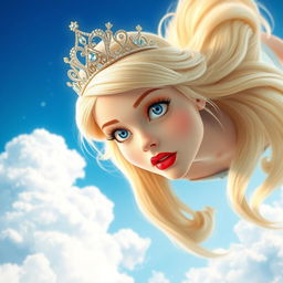 A beautiful blonde princess with a sparkling tiara, striking blue eyes, and vivid red lips, is falling gracefully from the sky