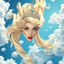 A beautiful blonde princess with a sparkling tiara, striking blue eyes, and vivid red lips, is falling gracefully from the sky