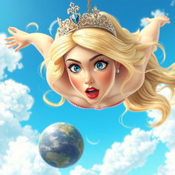A beautiful blonde princess with a sparkling tiara, striking blue eyes, and vivid red lips, is falling gracefully from the sky