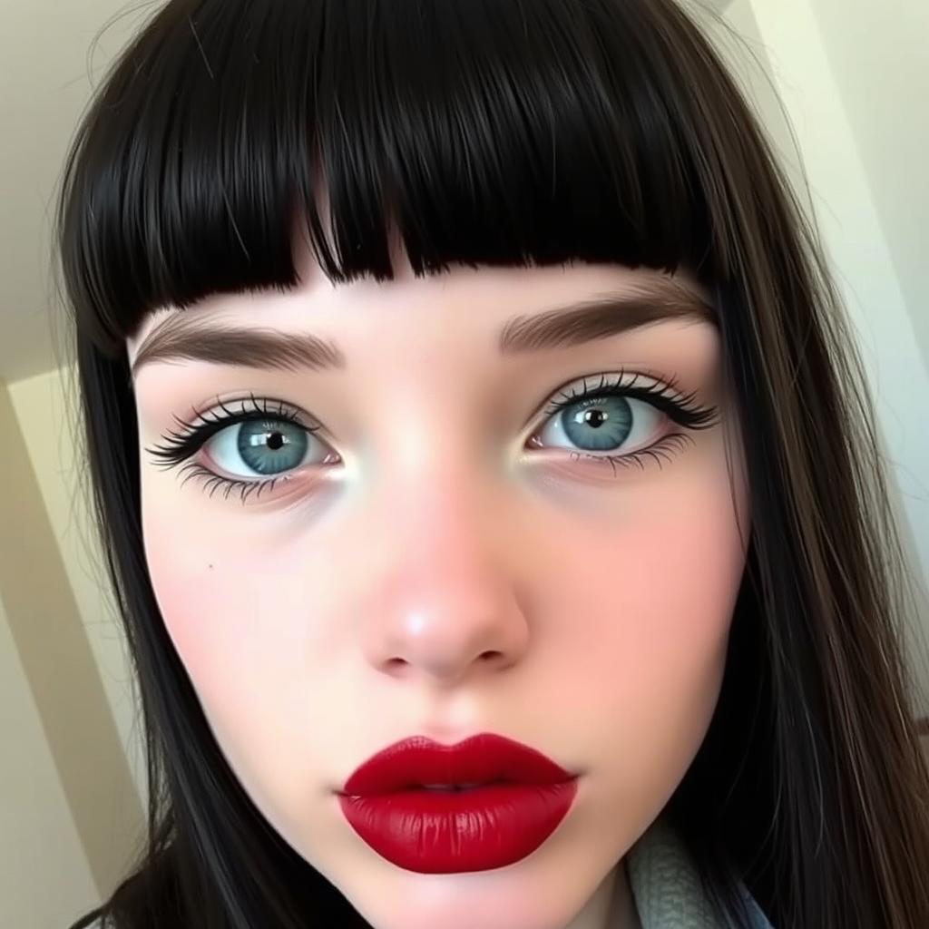 A close-up selfie of a girl with sharp facial features