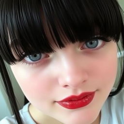 A close-up selfie of a girl with sharp facial features