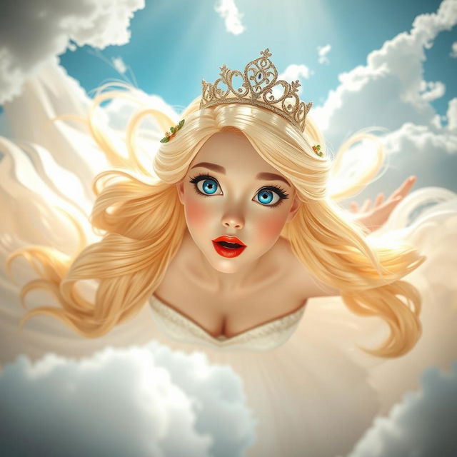 A beautiful blonde princess with long flowing hair, wearing an elegant tiara, blue sparkling eyes, and bright red lips