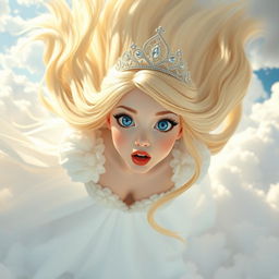 A beautiful blonde princess with long flowing hair, wearing an elegant tiara, blue sparkling eyes, and bright red lips