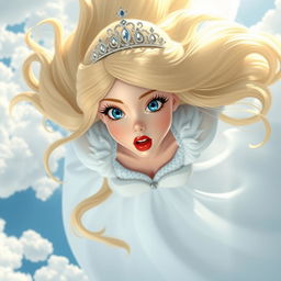 A beautiful blonde princess with long flowing hair, wearing an elegant tiara, blue sparkling eyes, and bright red lips