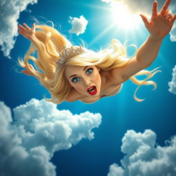 A beautiful blonde princess with sparkling blue eyes and luscious red lips, wearing an elegant tiara, is depicted in mid-fall from a vibrant blue sky