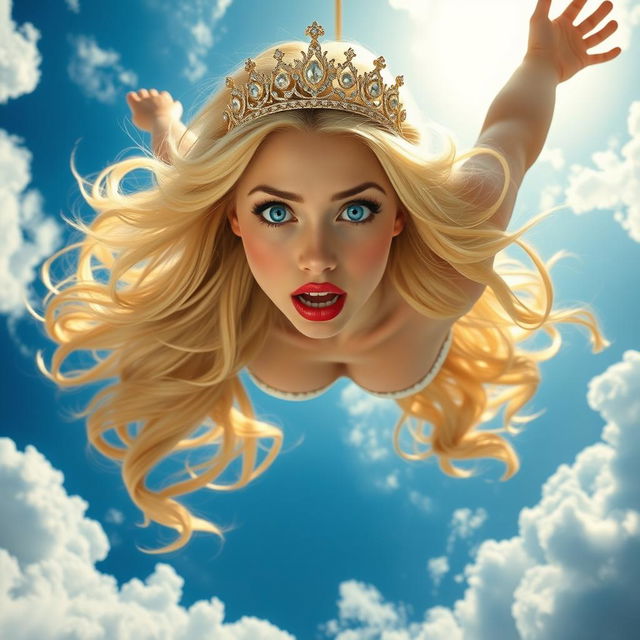 A beautiful blonde princess with sparkling blue eyes and luscious red lips, wearing an elegant tiara, is depicted in mid-fall from a vibrant blue sky