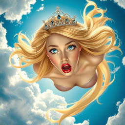 A beautiful blonde princess with sparkling blue eyes and luscious red lips, wearing an elegant tiara, is depicted in mid-fall from a vibrant blue sky