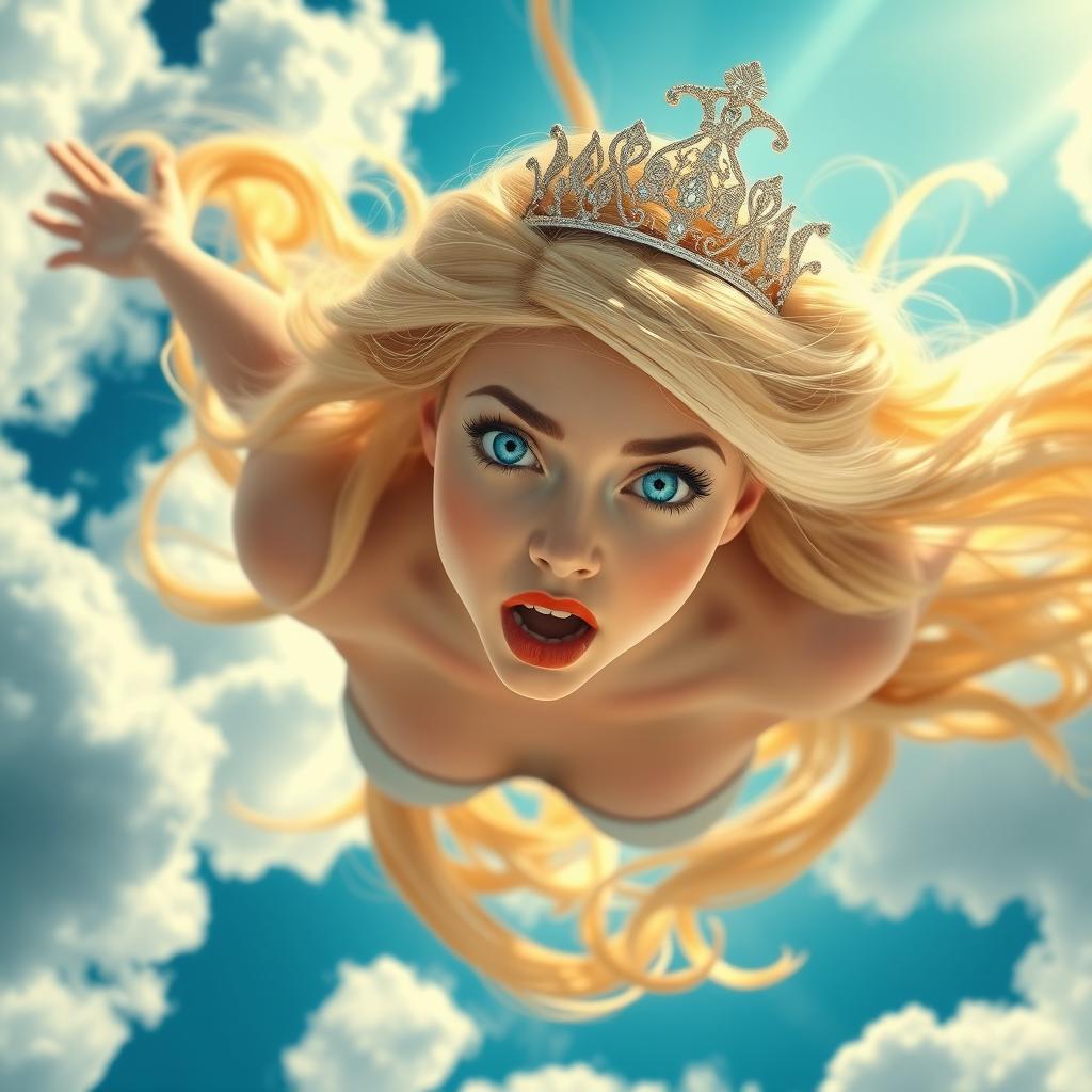 A beautiful blonde princess with sparkling blue eyes and luscious red lips, wearing an elegant tiara, is depicted in mid-fall from a vibrant blue sky