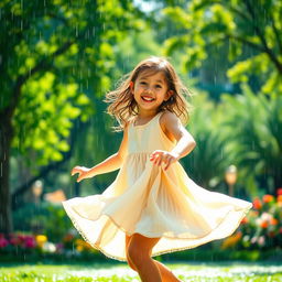 A joyful scene of a young girl dancing beneath the rain, wearing a light, flowing dress that flutters around her as she spins