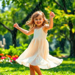 A joyful scene of a young girl dancing beneath the rain, wearing a light, flowing dress that flutters around her as she spins