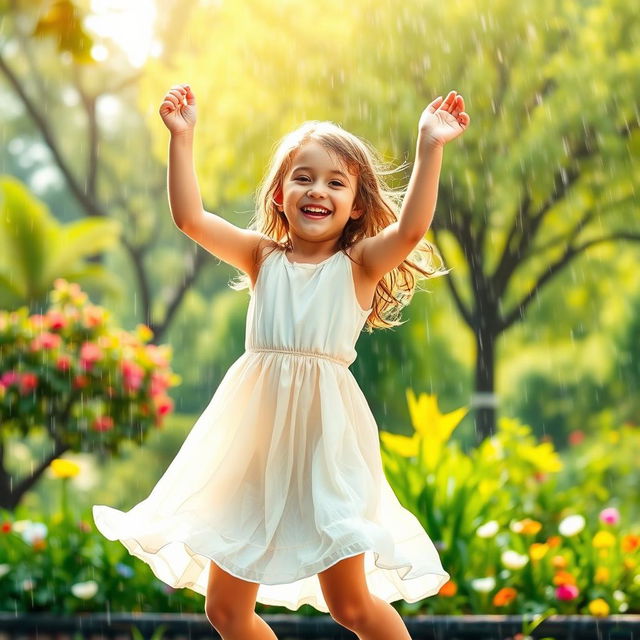 A joyful scene of a young girl dancing beneath the rain, wearing a light, flowing dress that flutters around her as she spins