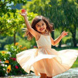 A joyful scene of a young girl dancing beneath the rain, wearing a light, flowing dress that flutters around her as she spins