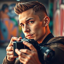 A portrait of a confident male photographer taking a photo, with a focus on his slim, angular facial features, capturing a moment of creativity