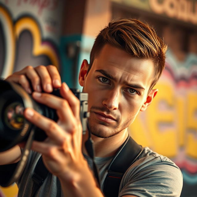 A portrait of a confident male photographer taking a photo, with a focus on his slim, angular facial features, capturing a moment of creativity