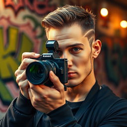 A portrait of a confident male photographer taking a photo, with a focus on his slim, angular facial features, capturing a moment of creativity