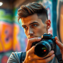 A portrait of a confident male photographer taking a photo, with a focus on his slim, angular facial features, capturing a moment of creativity