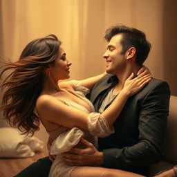 A sensual and intimate scene featuring a woman interacting playfully with a man, both in an artistic and tasteful manner