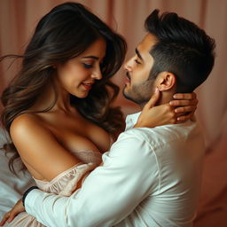A sensual and intimate scene featuring a woman interacting playfully with a man, both in an artistic and tasteful manner