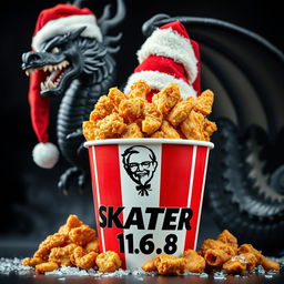 An eye-catching image of a KFC fried chicken bucket overflowing with crispy fried chicken pieces, prominently displaying the logo name 'SKATER 1