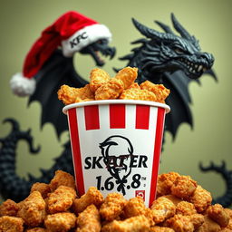 An eye-catching image of a KFC fried chicken bucket overflowing with crispy fried chicken pieces, prominently displaying the logo name 'SKATER 1
