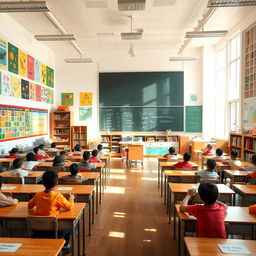 A large, spacious classroom filled with colorful, educational posters on the walls