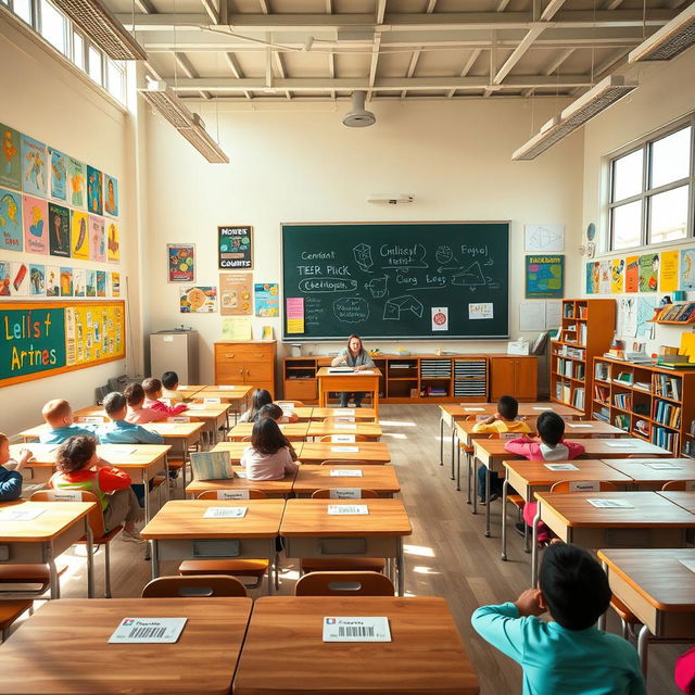 A large, spacious classroom filled with colorful, educational posters on the walls